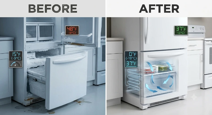 Refrigerator before and after repair